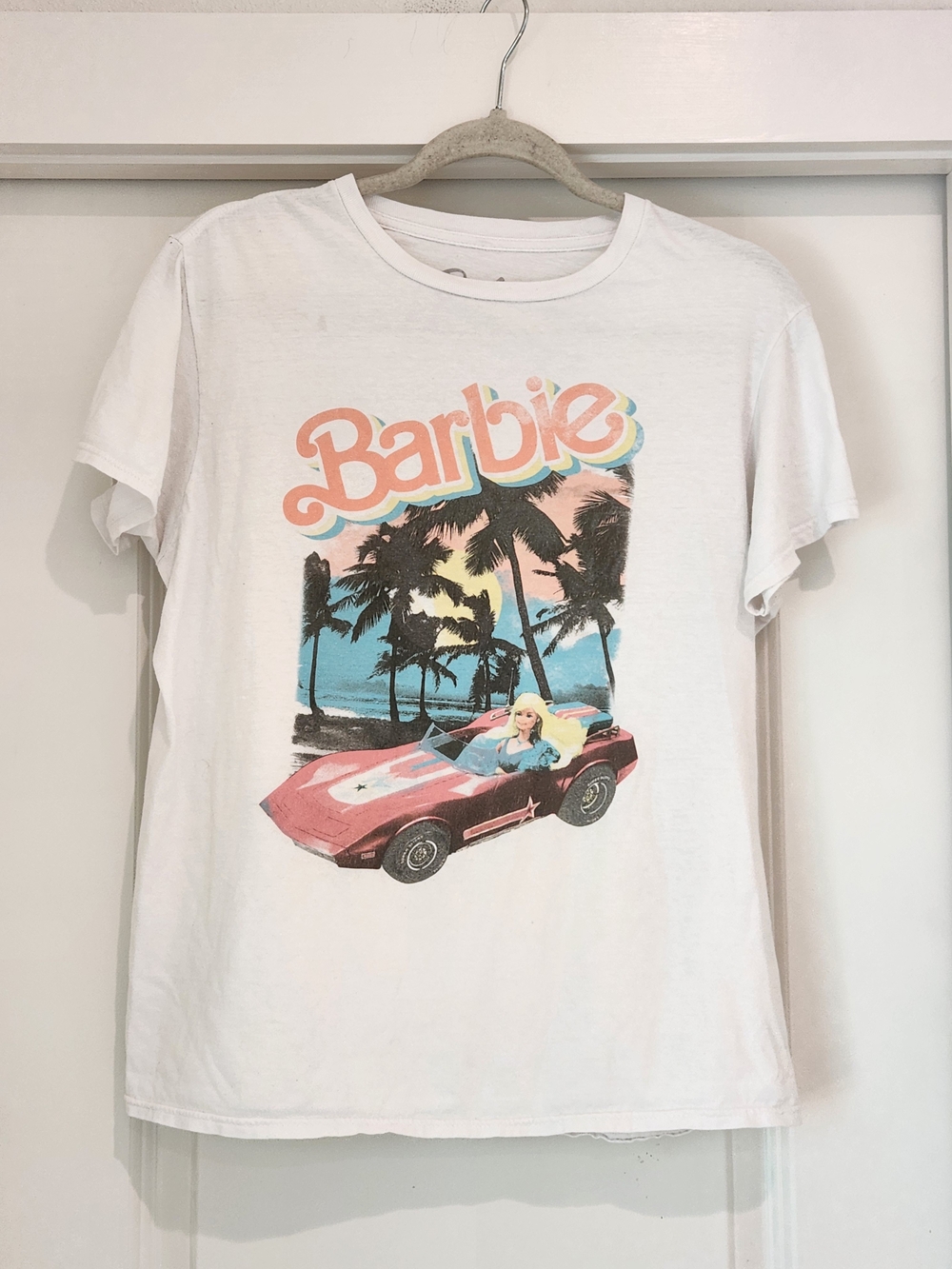 Official Barbie White Tee with Vintage Pink Convertible Graphic Size M